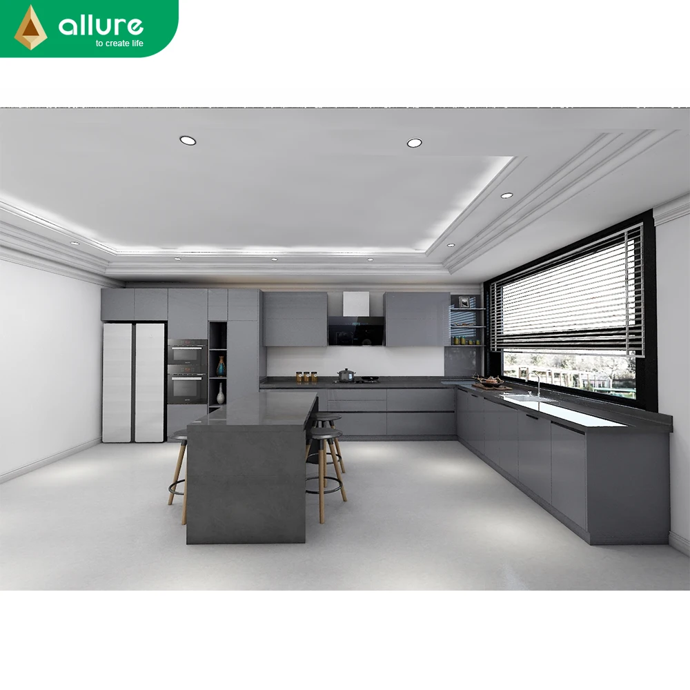 Allure glossy gray top pvc membrane material 4d kitchen cabinet in pakistan