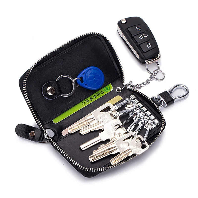 Genuine Leather 2 Card Slot Key Holder Keyring Zipper Bag 6 Hooks Keychain Case  Protection Cover Car Fob Key Holder Wallet