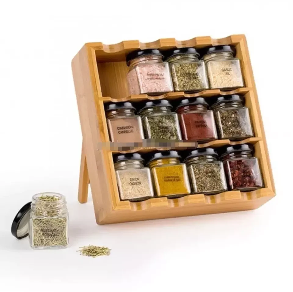 space-saving,12-Cube Bamboo Inspirations Spice Rack with glass jars Shelf Organizer can stand and hang on the wall
