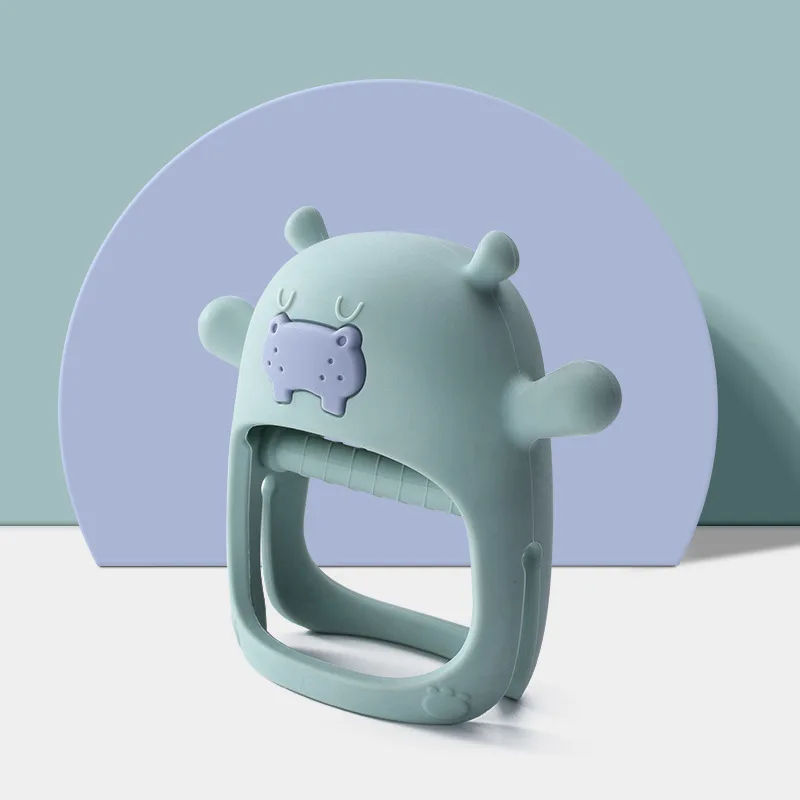100% Food Grade Silicone Cartoon Animal Design Hippo Baby Hand Teether Soft Teething Mitt Toys