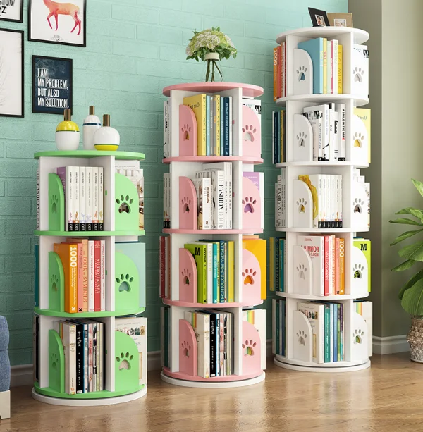 Kids Rotatable Bookshelf 360 Degree Wood Bookcase Revolving Storage Holders Racks Bookcase for Children