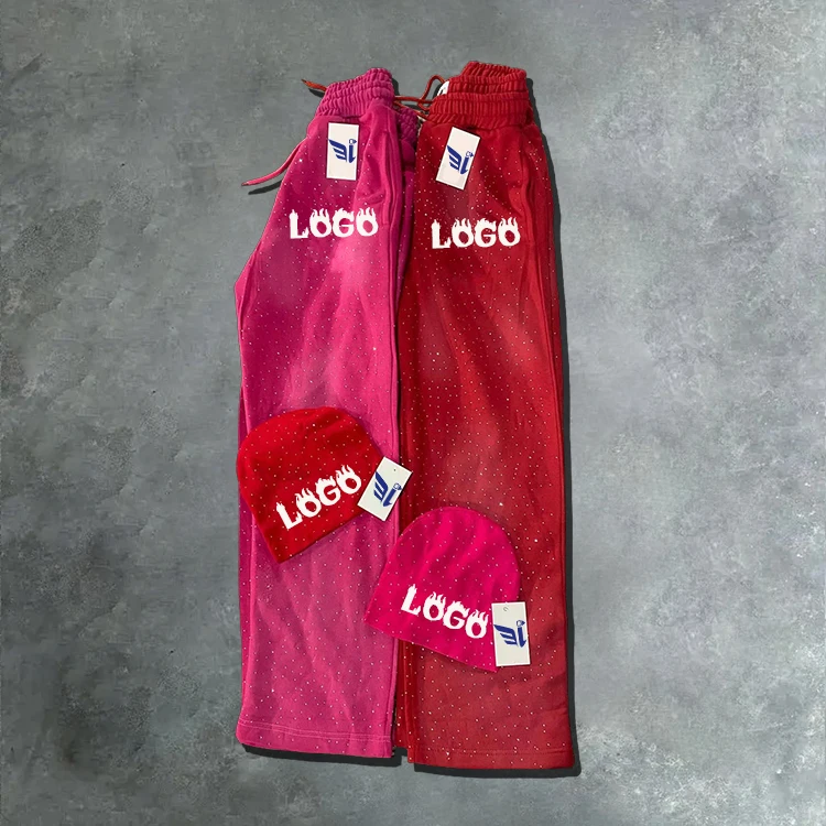 Custom Logo Knitted Hat And Full Over Rhinestone Print Jogger Sweat Pants Unisex Flare Stacked Thick Cotton Sweatpants Men