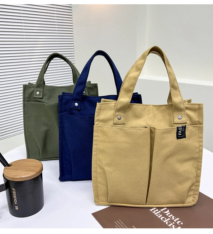 HANGAI Guangzhou Factory Canvas Solid Color Student Lunch Box Bag Bento Tote Bag Multi-pocket Practical Tote Bag