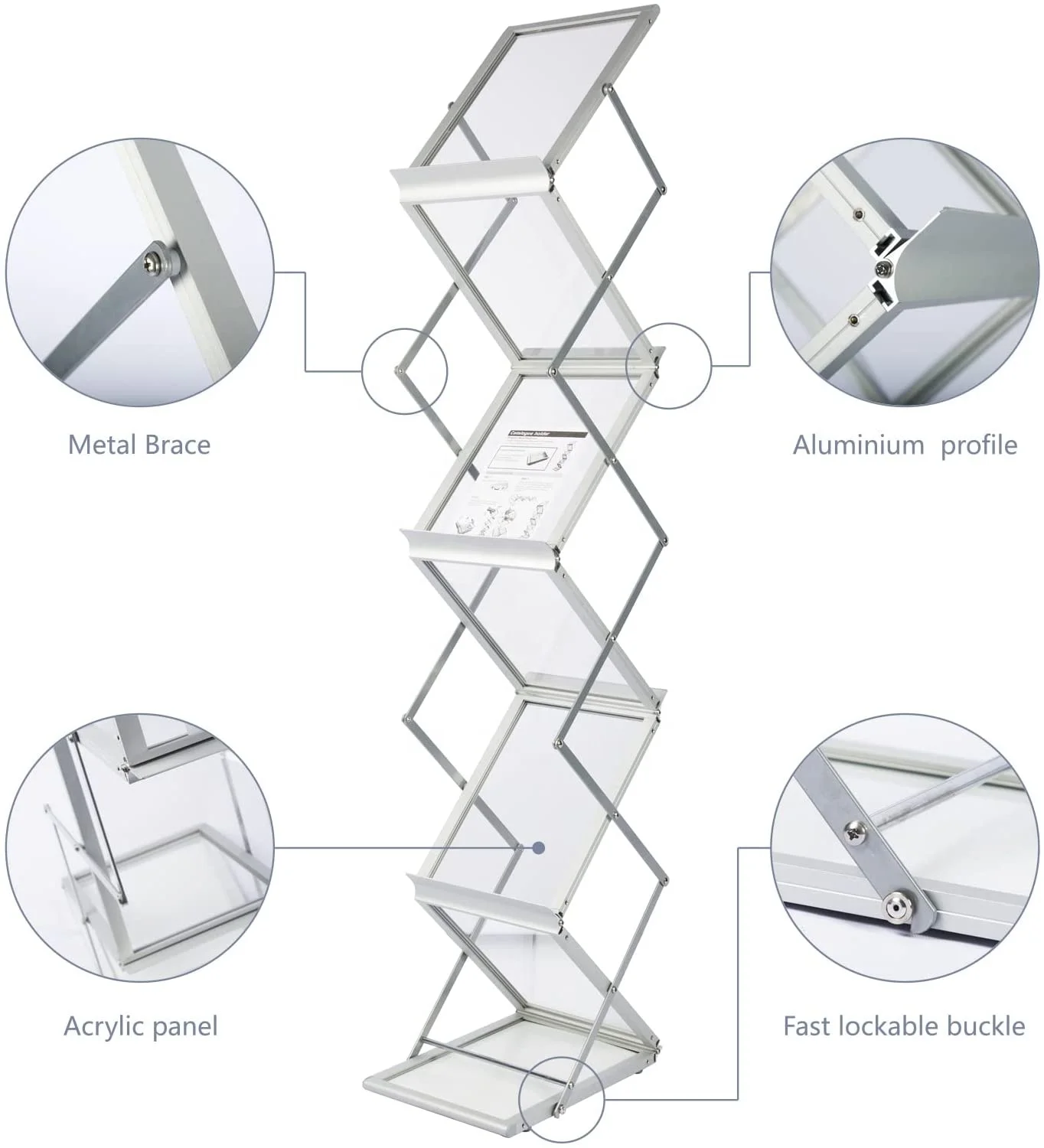 Acrylic Aluminum A4 Brochure Holder Portable Foldable Literature Rack For Tradeshow Magazine Rack Catalogue Stand