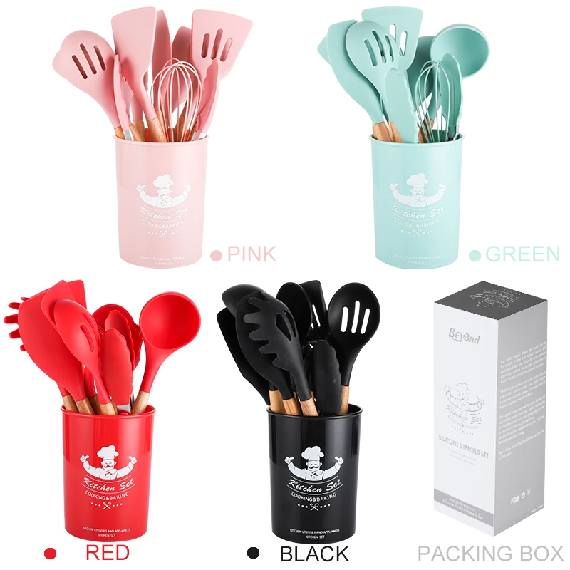 Hot sale high quality 11 piece silicone kitchenware with wooden handle 2 buyers
