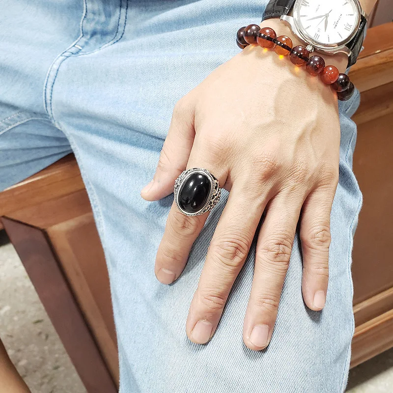 925 стерлингового серебра Открыть Gemstone кольца для мужчин ювелирные изделия! Креативные простой ретро Тайский серебристый, черный агат кольцо