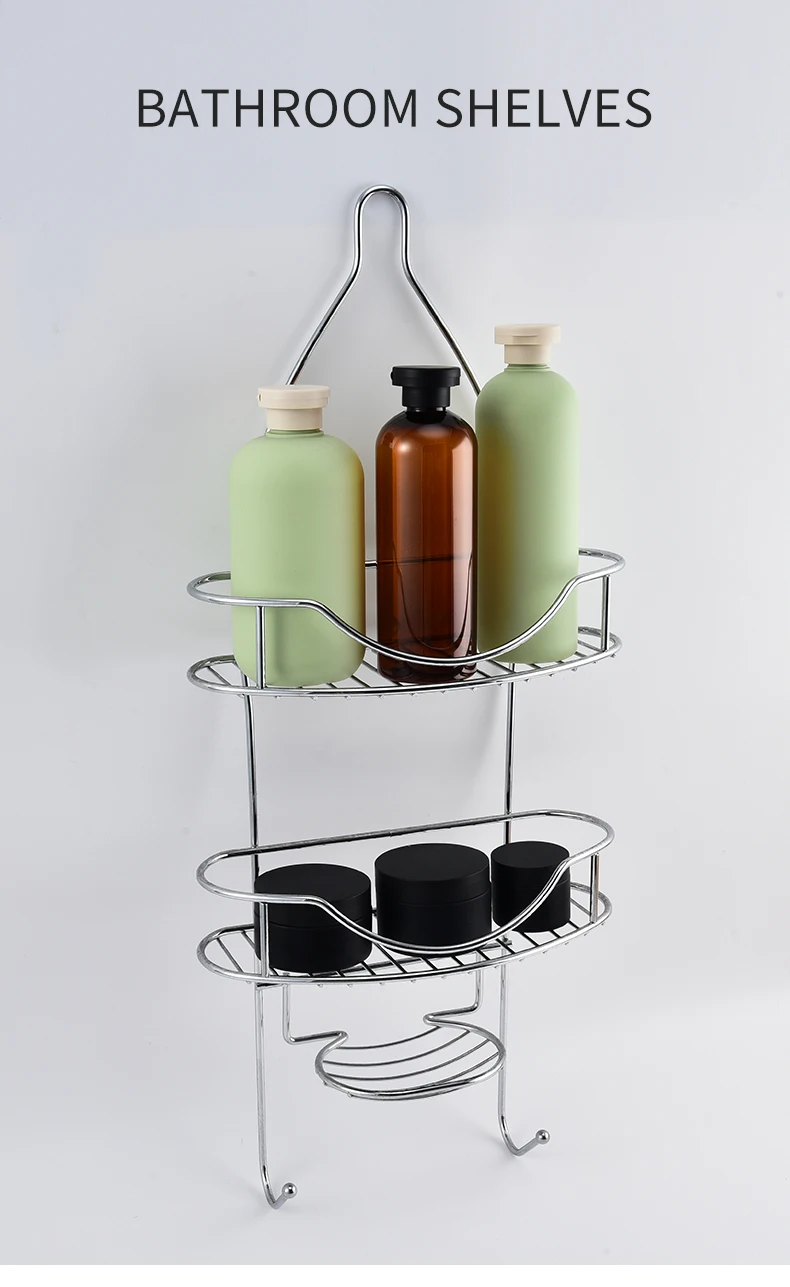 CBM Manufacture Price Wire Stainless Steel Bathroom Shelf With Hook Hanging Shower Shelves Storage Rack