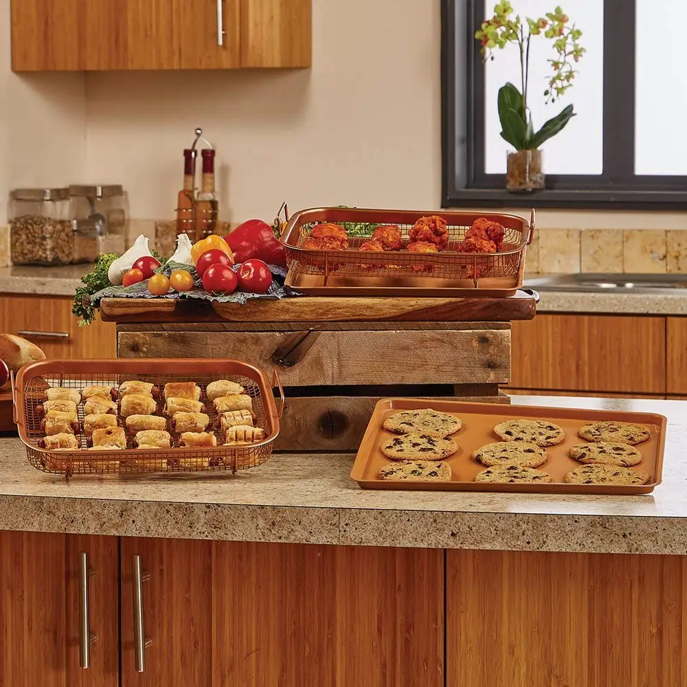 High Quality Copper Crisper Tray Non Stick Cookie Sheet Tray And Air Fry Mesh Basket Set
