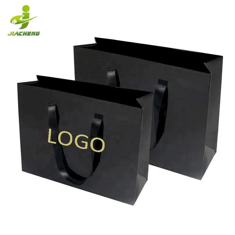 Custom Printed Personalized Brand Logo Premium Black Clothing Retail Gift Paper Shopping Bag With Ribbon Handles