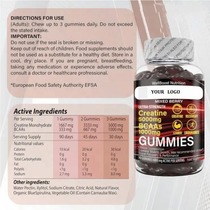 ODM&OEM BCAA Plus Recovery Creatine Monohydrate BCAA Amino Acid Supplement Gummies Supports Lean Muscle Maintenance Pre Workout