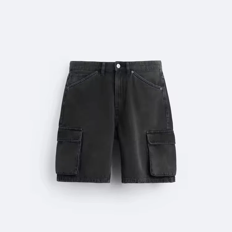 Denim Cargo Shorts Loose Fit Shorts Five Pockets Flap Patch Pockets on Legs Washed Effect Front Zip and Button Closure