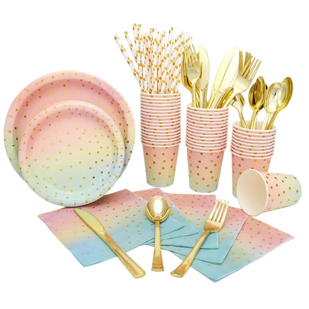Cheap Colorful Gold Dot Disposable Paper Napkin Cup Tableware Party Paper Plate Set Party Supplies Birthday Party