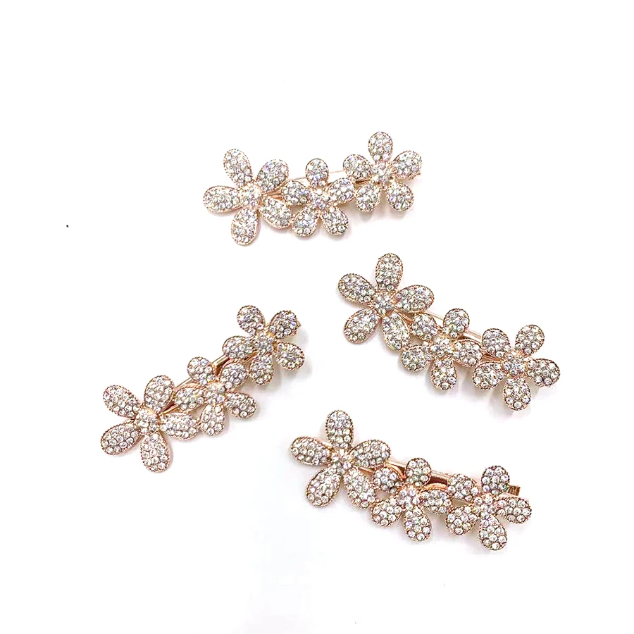 Hot Fashion Rose Gold Zinc Alloy Hair Clip Rhinestone Glass Stone Side Clip Flower Hair Clip Accessories