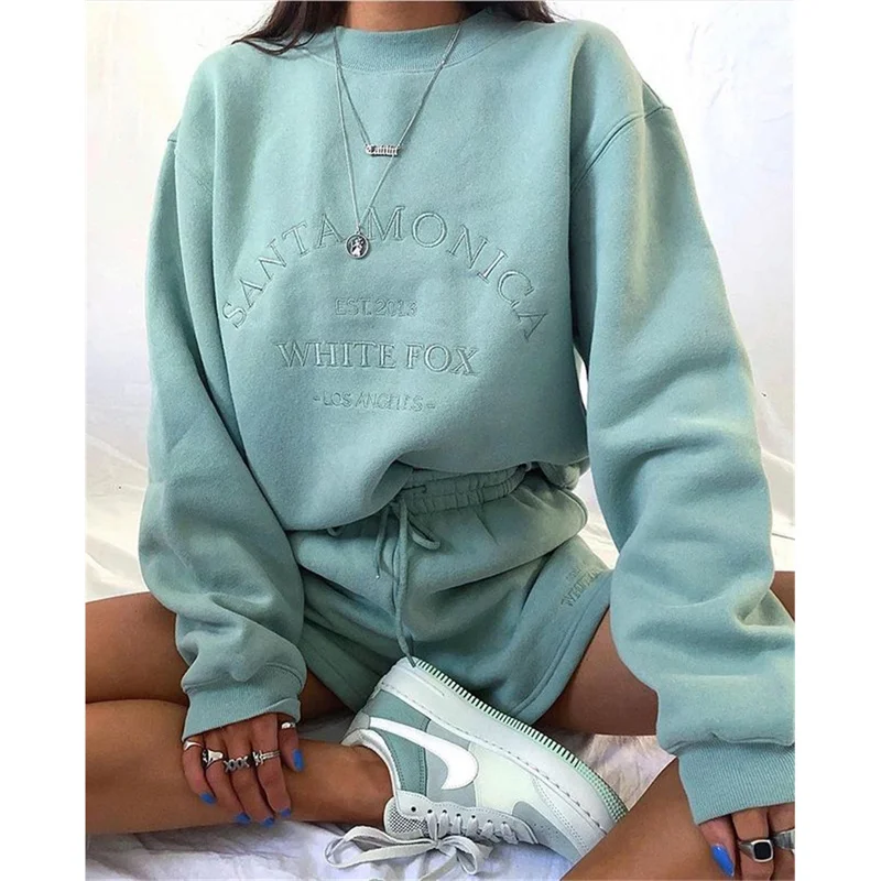 
Brown Pullover Sweatshirt Jogger Shorts Set Crewneck Sweatshirts Wholesale Sweat Shorts Set Loungewear Women Two Pieces Sets 