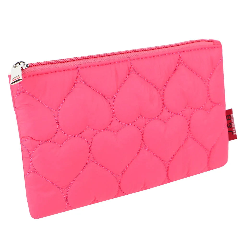 Quilted Love-Heart Down Feather Fabric Zipper Cosmetic Bag with Personalized Logo Skincare Cosmetic Pouch Cute Gift