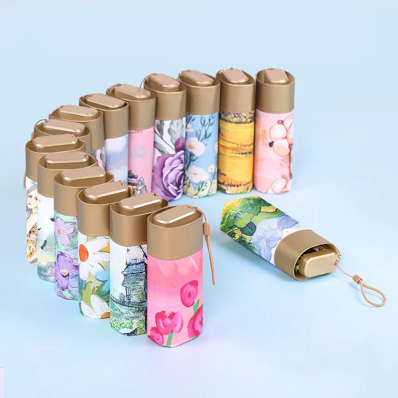 6 folding mini sun umbrella luxury oil painting and flower umbrella small manual pocket UV capsule umbrella