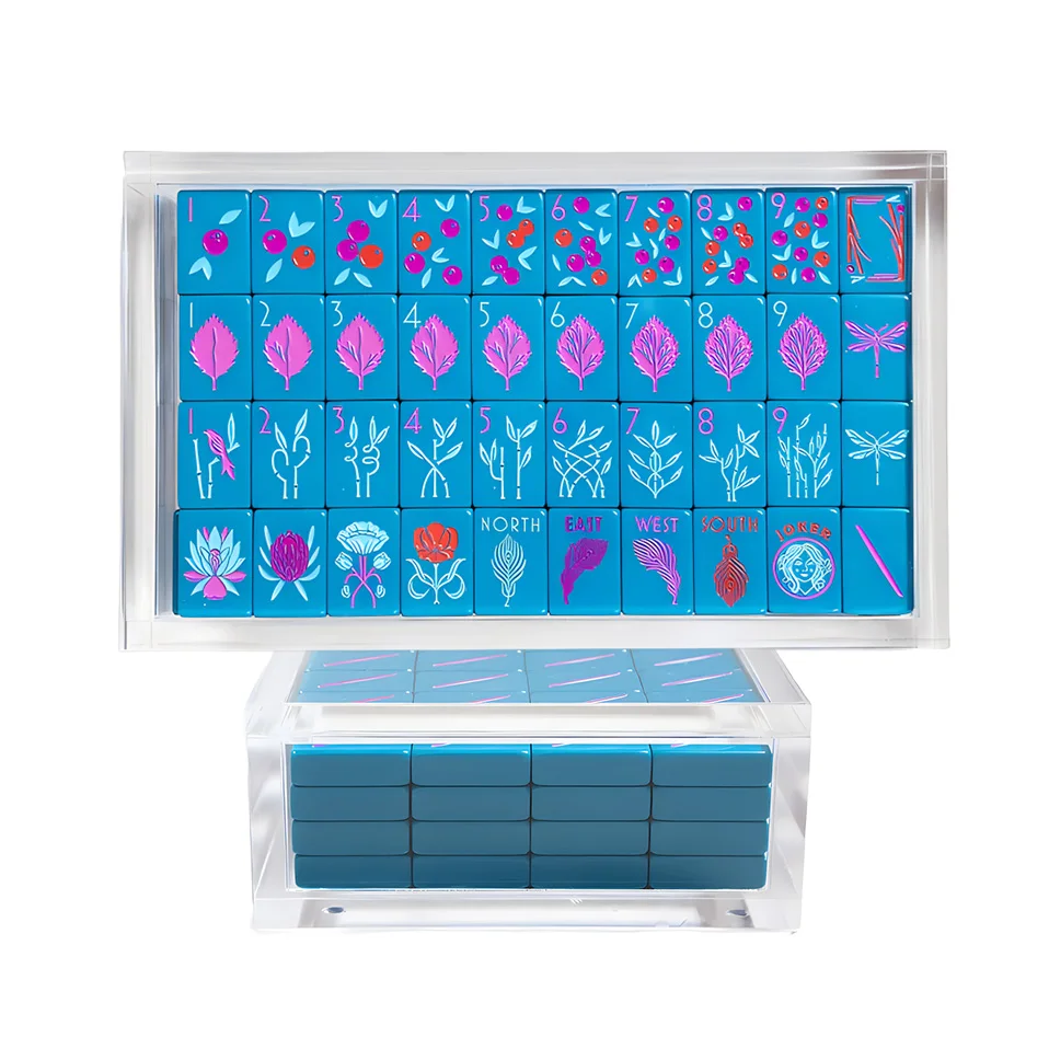 Customized Singapore American Malaysia Chinese Travel Game Blue White Acrylic Mahjong Tiles Sets