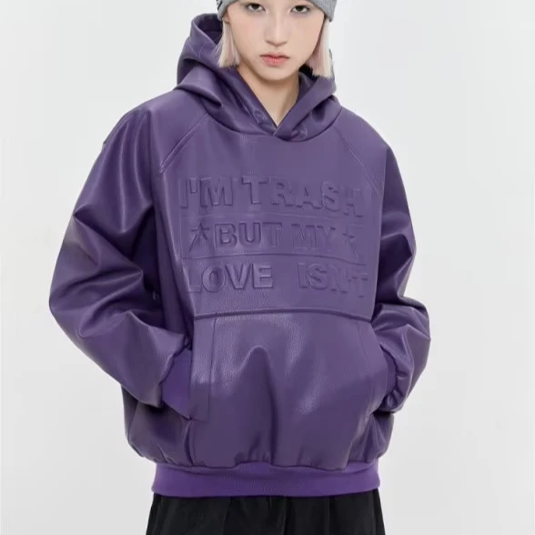 Manufacturers Heavyweight 500 gsm Oversized Custom Embossed Logo Pu Leather Faux Fur Men Hoodie Jackets