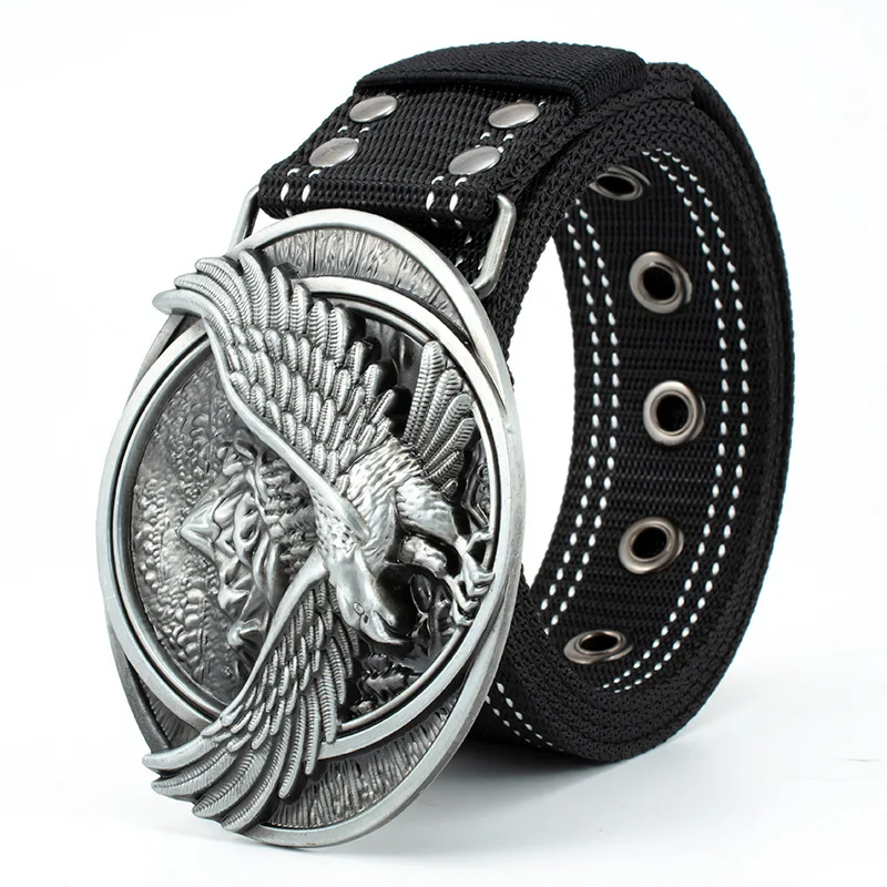 Custom Design Unique Personality Metal Buckle Woven Nylon Fabric  Belt With Eagle Wings Buckle