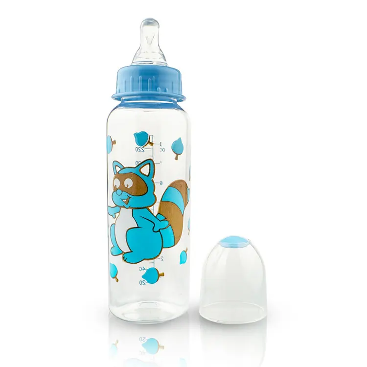 Factory wholesale 3pcs/pack cute animal print free baby feeding bottles samples for water milk baby bottle candy color 240ml