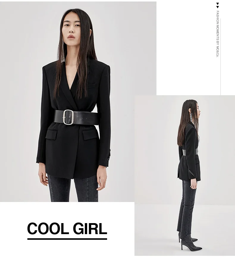 Autumn New retro lapel solid color black suit jacket, with wide leather belt, Ladies handsome wear