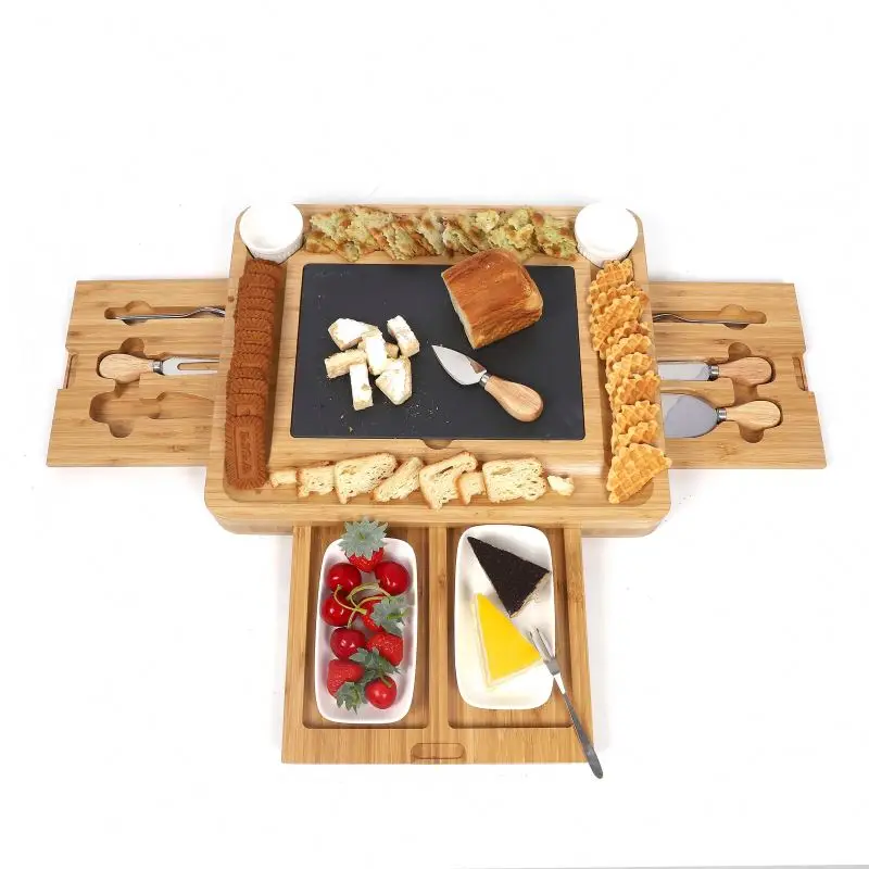 
Bamboo Wine Cheese Serving Tray Handles Plus Drawer Cheese Knives cutting stone board kitchen chop board with black stone 