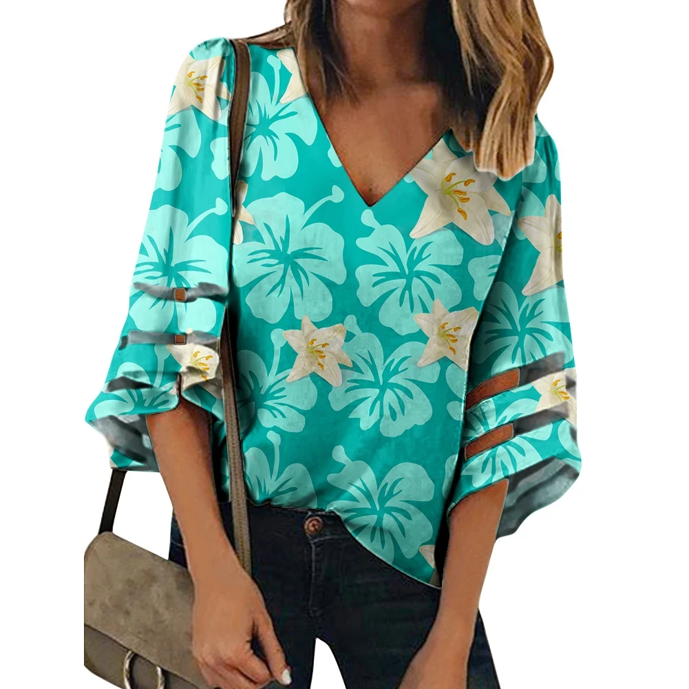 Drop Shipping Hibiscus Flower V-neck Chiffon Top For Women OEM Polynesian Design Ladies Chiffon Satin Vintage Tops Shirts Blouse