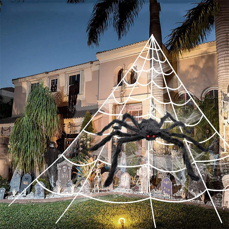 Tik Tok Trends Halloween Spider web Yard Decoration Plush Giant Spider Halloween Outdoor Decoration for Party decoration