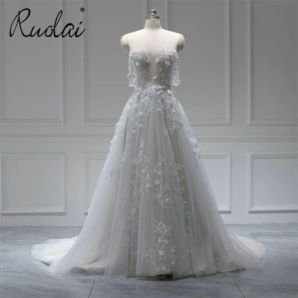 Ruolai QW01917 Elegant Lace Fabric 3D Flower Pearl Wedding Dress Off Shoulder V Neck Bridal Gown