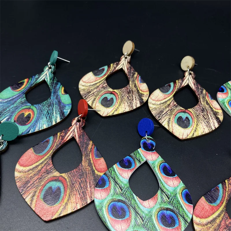 Bohemian Wood Geometric Peacock Feather Pattern Dangle Earrings for Women