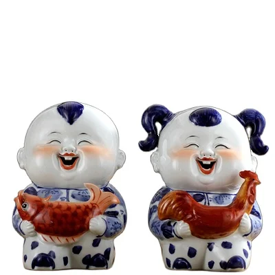 Blue and White Porcelain Ornaments Traditional Chinese Wedding Gift Couple Dolls home decors ceramics vases china decor