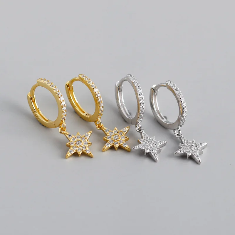 Shiny Star Zircon Hoop Earrings 18K Gold 925 Sterling Silver Earring Women Fashion Jewelry