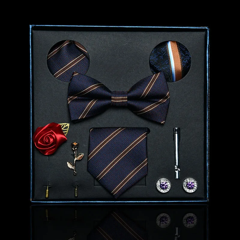 Genya Business Formal Party Bow Tie Set Multi-style Bow Tie Pocket Square Cufflinks Suit Gift Box