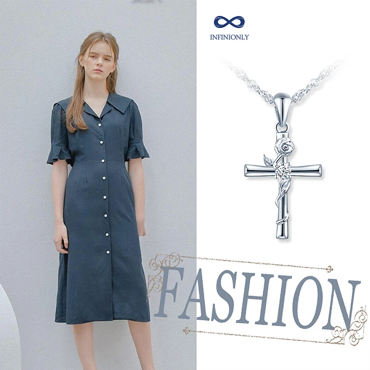 Wholesale baptism gifts 925 silver rose cross necklace