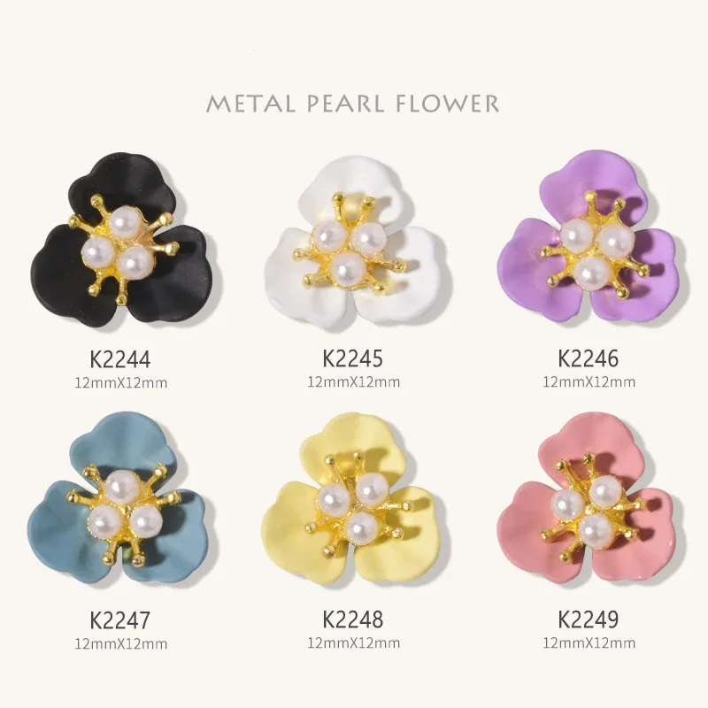 NEW design 6 color nail art three-petal flower pearl jewelry alloy painted metal nail decoration