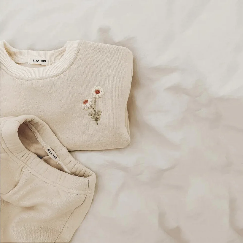 Fall Winter Baby Girls Boys Fleece Daisy Embroidery Pullover Sweatshirt Jogger Pants Tops Tracksuit Baby Clothes Set