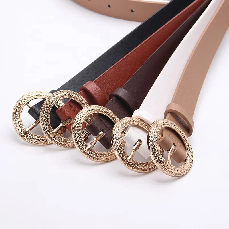 Round Alloy Buckle Belts for Women PU Leather Waist Belts Ladies Waistband for Jeans