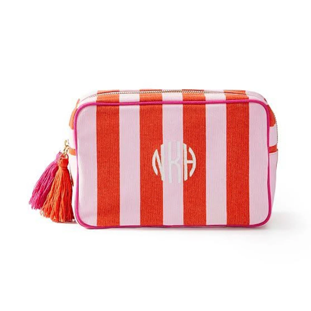 Embroidery Customization Stripes Canvas Natural With Tassel Cosmetic Pouch Makeup Bag