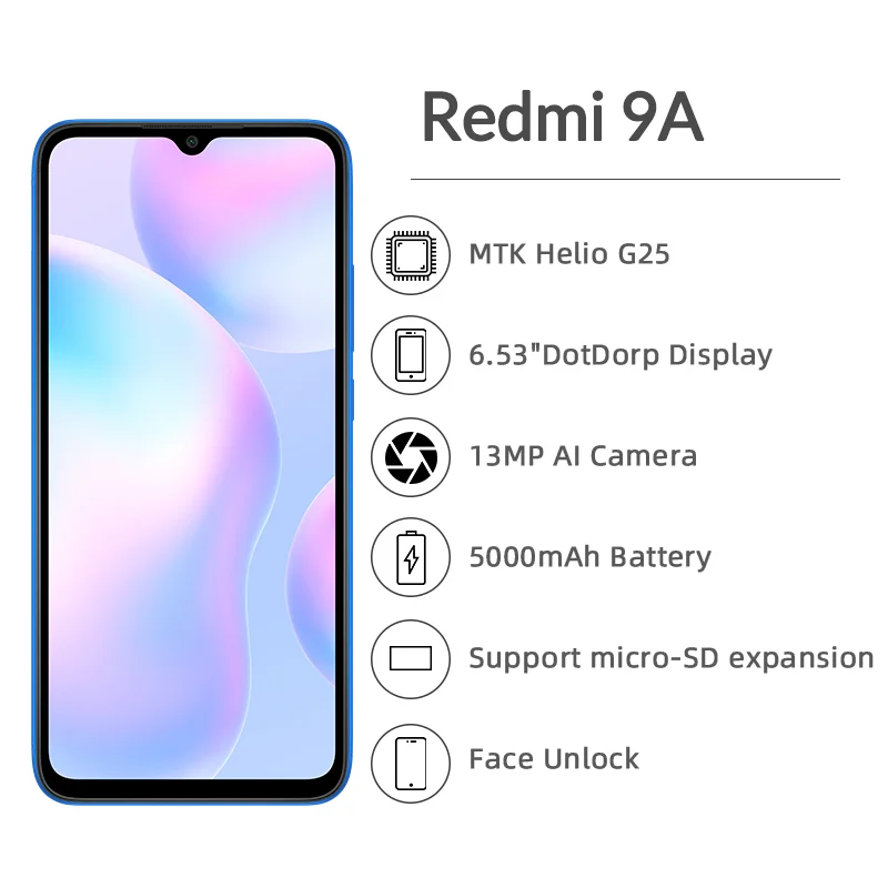 Смартфон Xiaomi Redmi 9A 2 + 32 ГБ 5000 мАч 8 ядер 6 53 дюйма 13