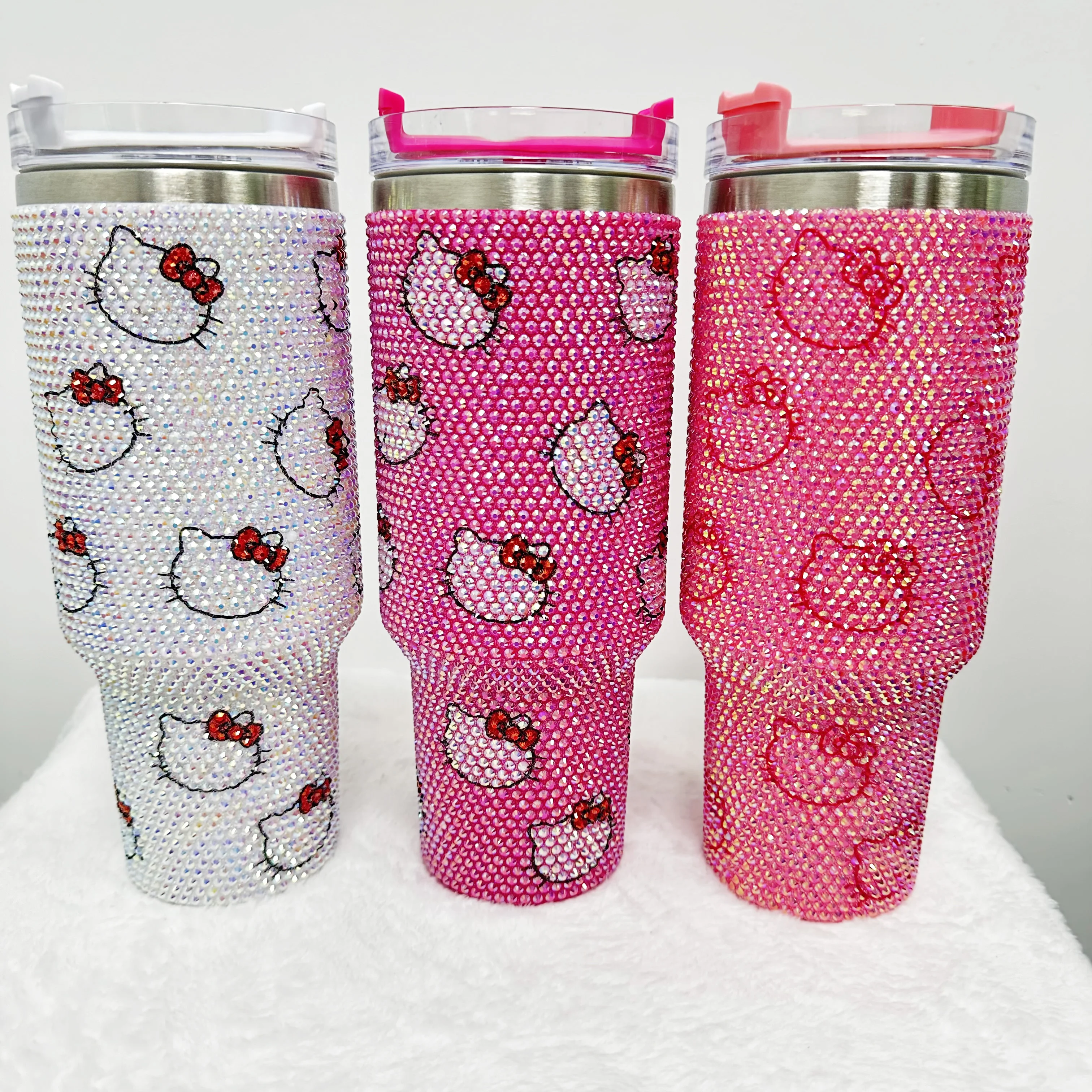 Customized cartoon Kitty handmade Bling Rhinestone 40oz Tumbler Travel Car Cup mugs Double layered Insulated Water Bottle