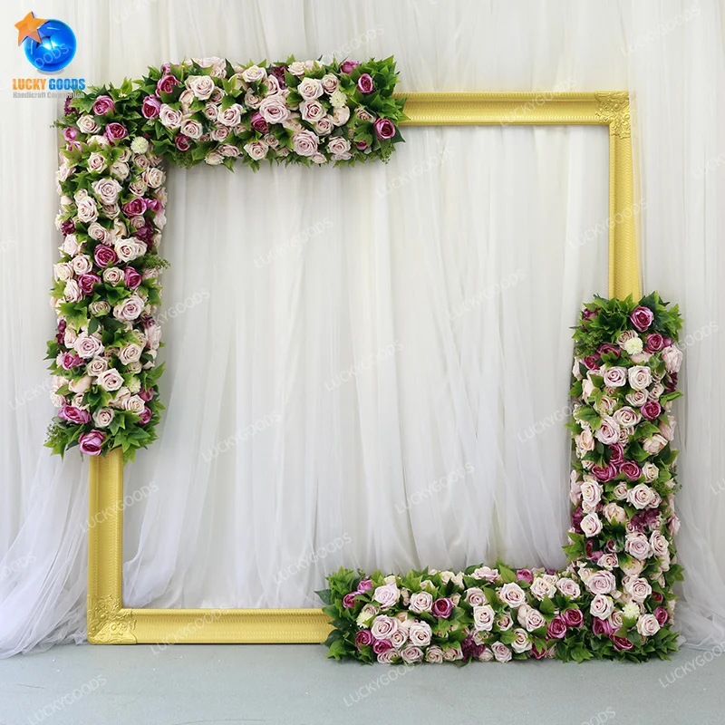 Wholesale 2M Wedding Decoration Flower Stand Backdrop New Gold Resin Frame With Flower Runner Wedding Shooting Background