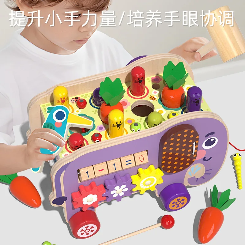8 in 1 Elephant Wooden Hammering Pounding Toy Whack A Mole Game with Xylophone Montessori Toys for Toddlers Activities Gift
