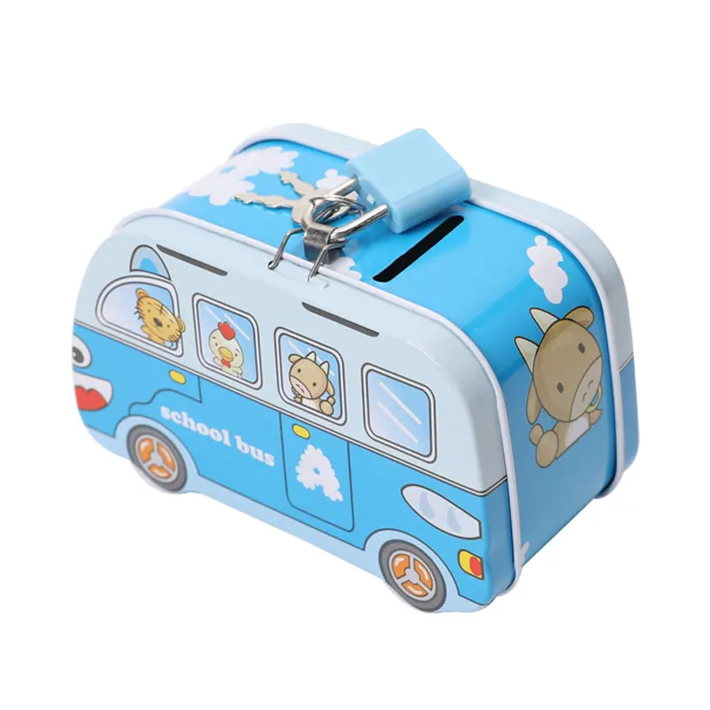 TOPSTHINK Metal bus large lid locked money box coin piggy bank for boys girls