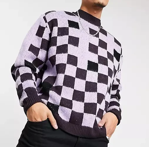 Свитер Мужской трикотажный жаккардовый, уличная одежда, пуловер в клетку, Осень-зима