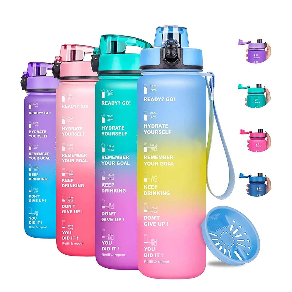 32oz Motivational Water Bottle with Times & Removable Strainer to drink, Reusable Leak-proof BPA Free Sports Water Jug to Remind