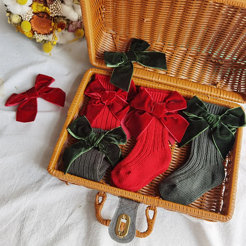 ins new design Spain thickened winter Christmas calcetin baby kid children big bowknot solid color crew socks