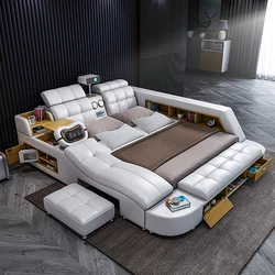 Intelligent china factory wholesale design solid wood frame manufactured leathers bed with projectorable bioscoops wholesales