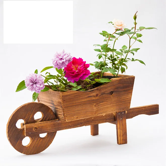 Dropshipping Garden Plant Planter Wooden Wagon Planter Wheelbarrow Decoration for Indoor Outdoor