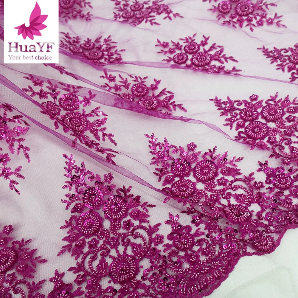 HY2385 Fashion Sparkling Sequins Border Embroidery Cloth Dress Mesh Gauze Embroidery Lace Fabric