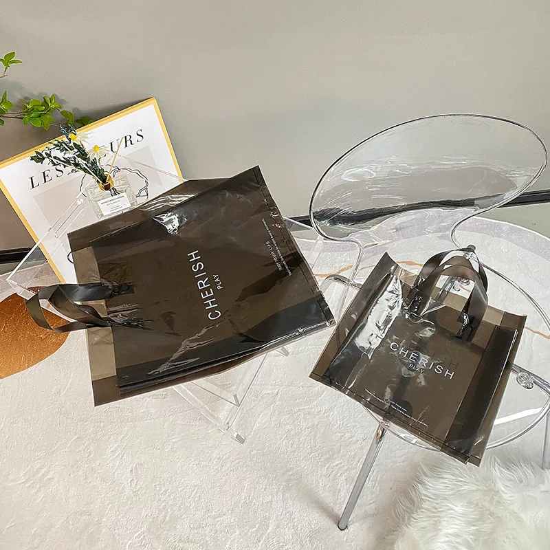 YC Translucent Transparent Tote Plastic Bag With Handle Custom Logo Print Shopping Gift Shoes Clothes Packaging Shopping Bags